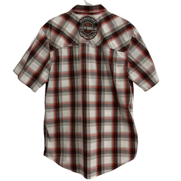 Harley-Davidson Mens Plaid Short Sleeve Button Up Shirt Orange Black White Large - Picture 2 of 10